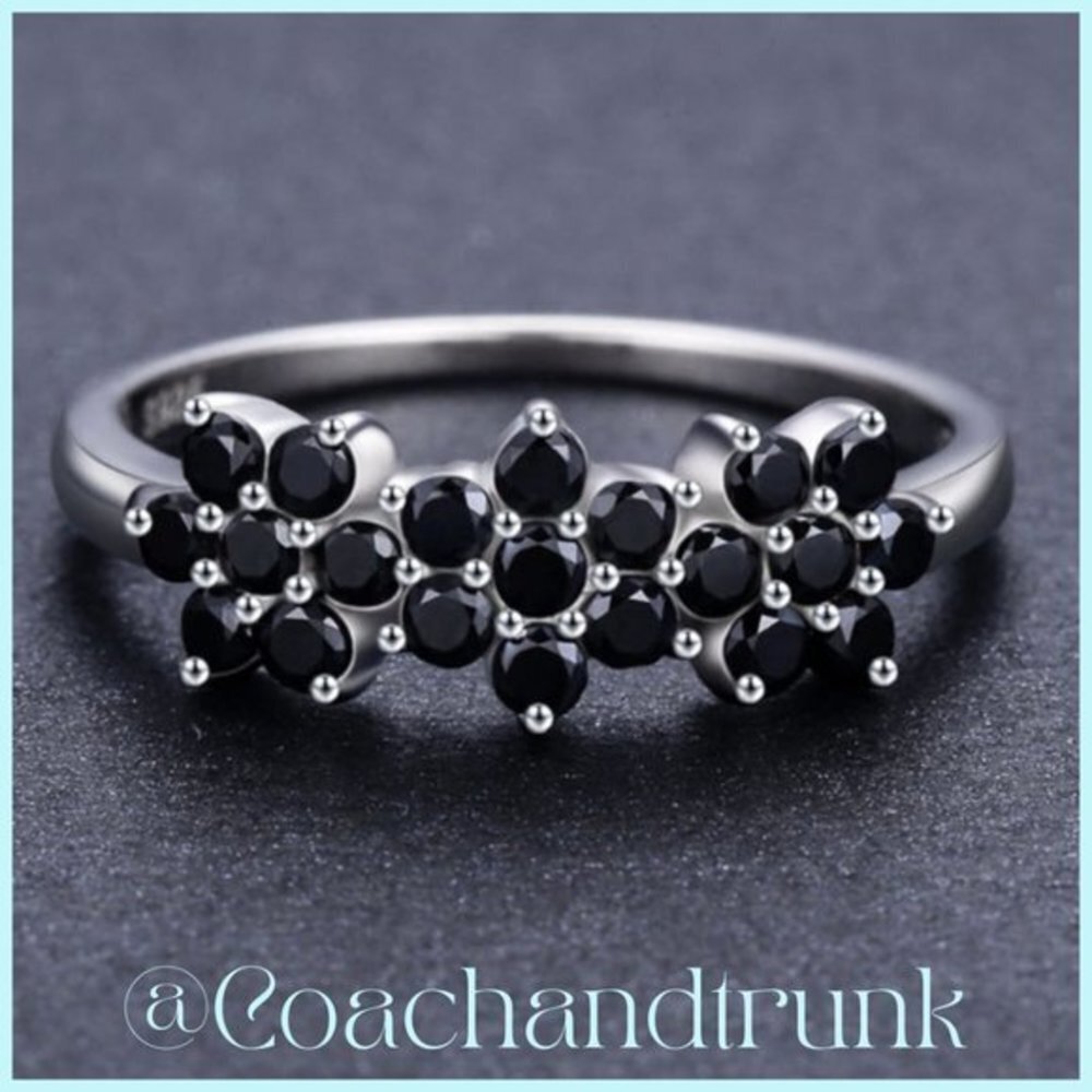 925 Sterling Silver Black Spinel Prong Set 3 Flower Band Ring Size 6 NWT - Picture 3 of 5